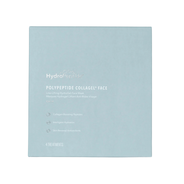 Blue packaging of PolyPeptide Collagel+ Face Mask | HydroPeptide showing collagen-boosting peptides, intelligent hydration, and skin renewal antioxidants for skincare treatments.