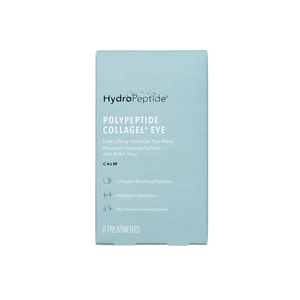 Packaging of PolyPeptide Collagel+ Eye Mask | HydroPeptide in a light blue box featuring collagen-boosting peptides, intelligent hydration, and skin renewal antioxidants for skincare treatments.