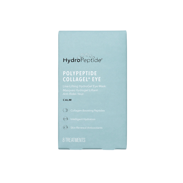 Packaging of PolyPeptide Collagel+ Eye Mask | HydroPeptide in a light blue box featuring collagen-boosting peptides, intelligent hydration, and skin renewal antioxidants for skincare treatments.