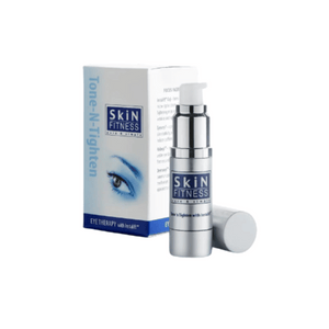 Silver pump bottle and packaging box of Tone-n-Tighten Eye Cream with Instalift | Skin Fitness Therapy skincare product for eye area rejuvenation and tightening.