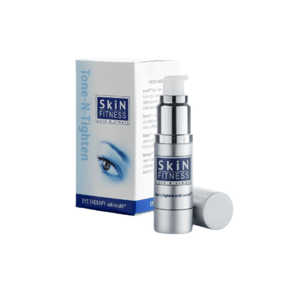 Silver pump bottle and packaging box of Tone-n-Tighten Eye Cream with Instalift | Skin Fitness Therapy skincare product for eye area rejuvenation and tightening.