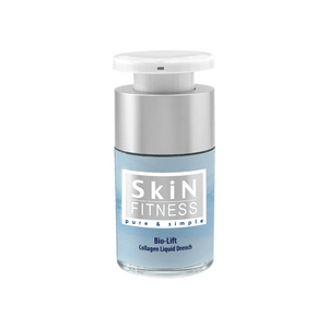 Bottle of BioLift Serum | Skin Fitness Therapy with blue liquid inside and a white pump dispenser on a white background