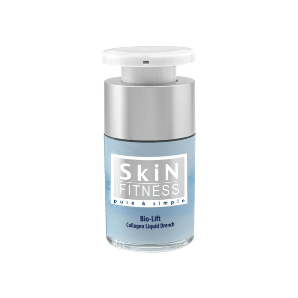 Bottle of BioLift Serum | Skin Fitness Therapy with blue liquid inside and a white pump dispenser on a white background