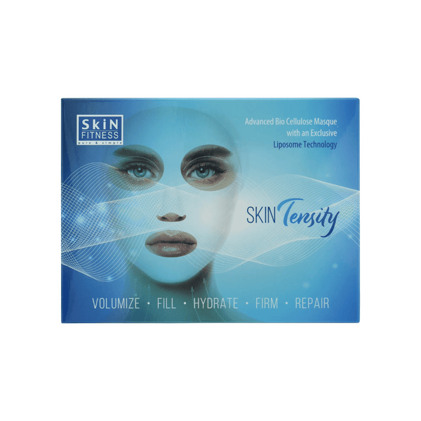 Blue box packaging of SkinTensity Advanced BioCellular Sheet Masque | Skin Fitness Therapy featuring a stylized face with waves and highlighting benefits to volumize, fill, hydrate, firm, and repair skin.