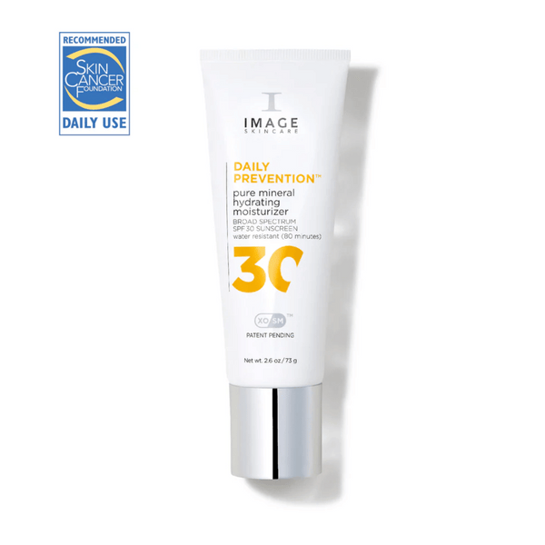 Tube of DAILY PREVENTION Pure Mineral Hydrating Moisturizer SPF 30 | IMAGE Skincare with Skin Cancer Foundation recommended daily use badge, white packaging with silver cap.