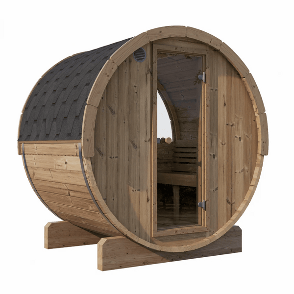 E6W Barrel Sauna - 3 Person | Western Sol wooden barrel sauna with glass door and black shingled roof, designed for wellness and relaxation in a compact, stylish structure.