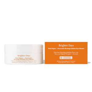Brighter Days Red Algae + Avocado Biodegradable Eye Masks | Three Ships packaging with a white jar and orange box designed for skincare and wellness, featuring brightening eye patches.