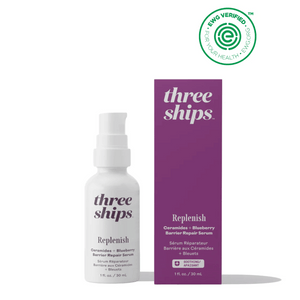 Bottle and box packaging of Replenish Ceramides + Blueberry Barrier Repair Serum | Three Ships displayed with EWG Verified seal for safe skincare.