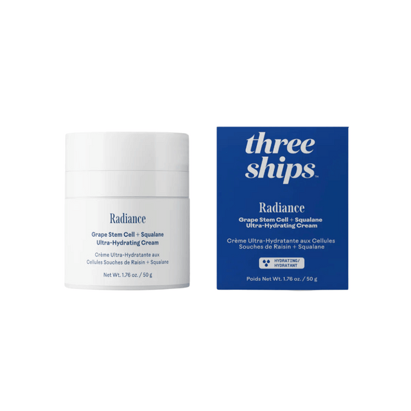 Radiance Grape Stem Cell + Squalane Ultra-Hydrating Cream | Three Ships in a white jar with blue and white box packaging, skincare product for deep hydration and radiance.