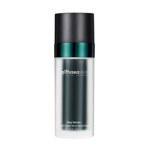 Sleek bottle of Day Serum | Althaea Skin with a modern black and teal pump design, highlighting skincare innovation for daily wellness routines.