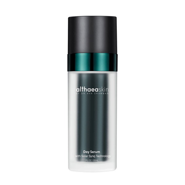 Sleek bottle of Day Serum | Althaea Skin with a modern black and teal pump design, highlighting skincare innovation for daily wellness routines.
