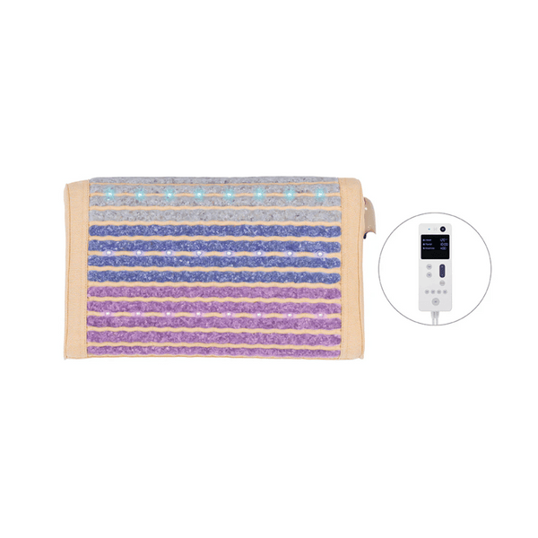 Rainbow Chakra Pillow Soft | HealthyLine showing a rectangular wellness device with multicolored layered surface and a connected digital remote control for body care and recovery.
