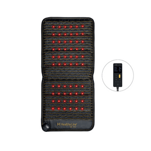 Jet Chair - PEMF Far Infrared Heating Mat | HealthyLine shown with remote control, featuring red infrared lights designed for wellness, body care, and recovery therapy.