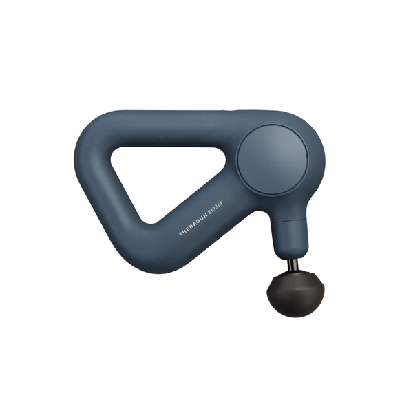 Theragun Relief | Therabody deep tissue massage device in dark gray designed for muscle recovery and pain relief with an ergonomic triangular handle and round attachment head.