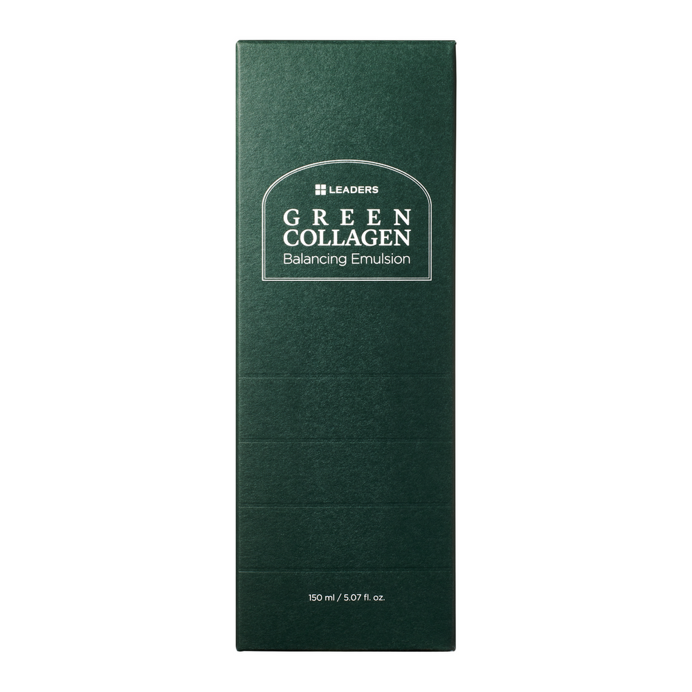 Bottle and box of Green Collagen Balancing Emulsion | Leaders, a skincare product designed to promote moisture balance with vegan collagen and lactobacillus.