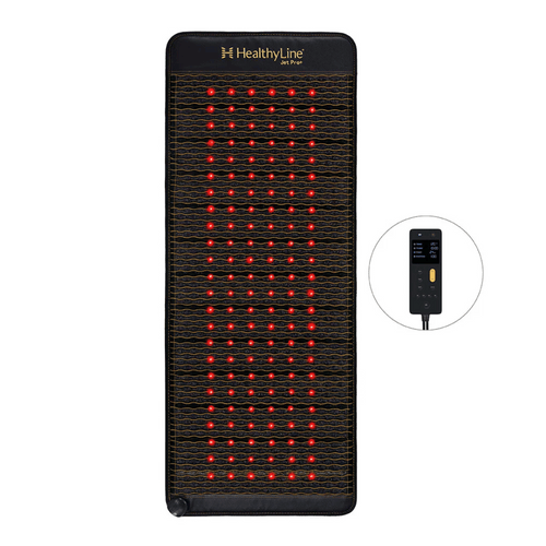 Jet Series - PEMF Far Infrared Heating Mats | HealthyLine featuring a black therapeutic mat with red infrared light nodes and a digital controller for wellness and recovery.