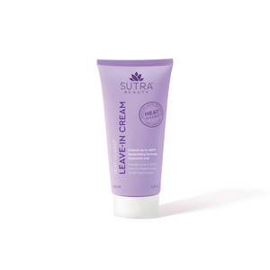 A lavender tube of Heat Guard Leave In Cream | SUTRA with white cap, featuring protective and replenishing skincare formula with hyaluronic acid, displayed on a white background.