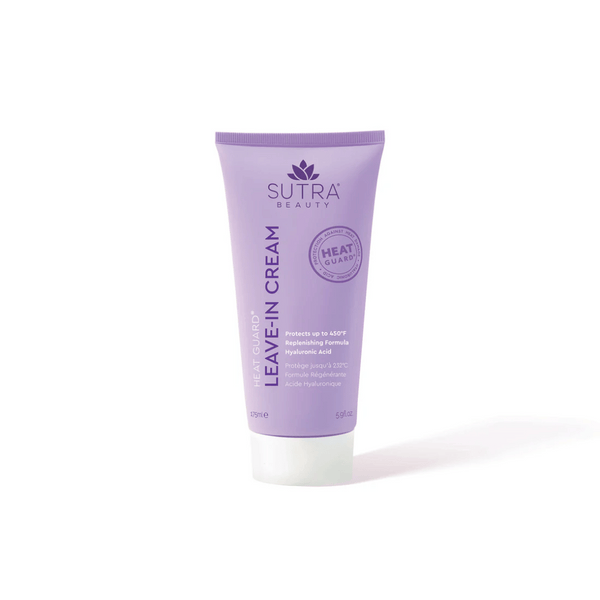A lavender tube of Heat Guard Leave In Cream | SUTRA with white cap, featuring protective and replenishing skincare formula with hyaluronic acid, displayed on a white background.