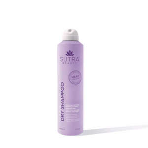 Sleek lavender bottle of Heat Guard Dry Shampoo | SUTRA with a white spray nozzle, designed for refreshing and texturizing hair with a heat-protecting formula.