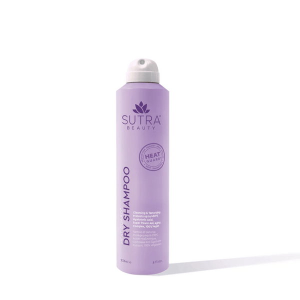 Sleek lavender bottle of Heat Guard Dry Shampoo | SUTRA with a white spray nozzle, designed for refreshing and texturizing hair with a heat-protecting formula.