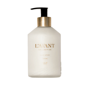 Bottle of Hand Lotion - Fresh Linen | L'AVANT Collective with a gold pump dispenser, designed for skincare and body care with a fresh linen scent.