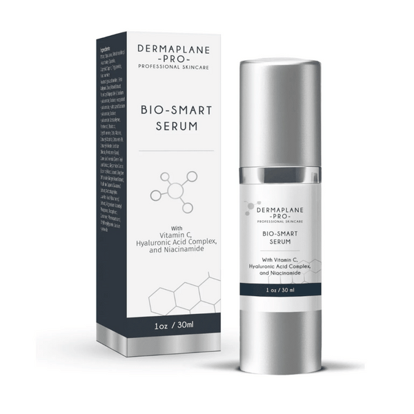 Bio-Smart Serum | DermaplanePro bottle and packaging displayed, featuring skincare ingredients like Vitamin C, Hyaluronic Acid Complex, and Niacinamide for advanced skin care.