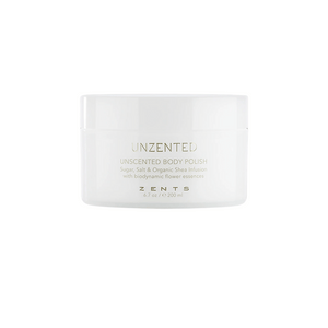 White jar of Unzented Body Polish | Zents featuring a minimalist design, promoting gentle skincare with natural ingredients for smooth, healthy skin.
