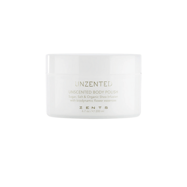 White jar of Unzented Body Polish | Zents featuring a minimalist design, promoting gentle skincare with natural ingredients for smooth, healthy skin.