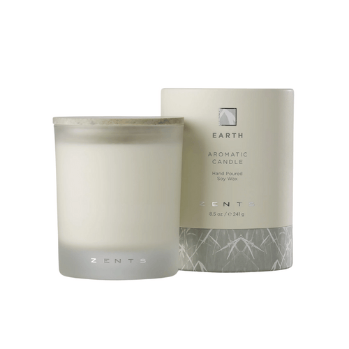 A minimalist Aromatic Candle | Zents in a frosted glass container with matching packaging featuring earth-inspired design, promoting relaxation and wellness.