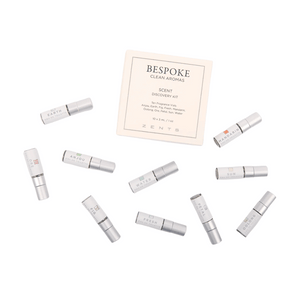 Bespoke Scent Discovery Kit | Zents featuring ten small silver vials with various fragrance labels arranged around a central box, showcasing a selection of clean aroma scents.