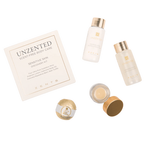 Unzented Sensitive Skin Discovery Kit | Zents featuring scent-free body care items including ultra-pure body oil, prebiotic lotion, and a restorative balm for gentle skincare and wellness.