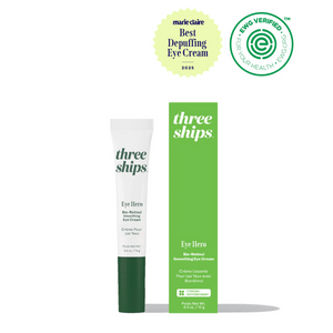 Tube and box packaging of EyeHero™ Bio-Retinol Smoothing Eye Cream | Three Ships shown with awards for best depuffing eye cream and EWG verified for safe skincare.