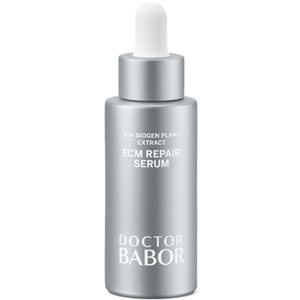 Silver bottle with a dropper cap labeled ECM Repair Serum | Babor featuring 5% biogen plant extract for advanced skincare and skin recovery.