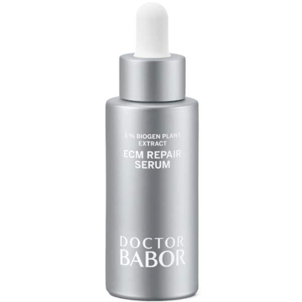 Silver bottle with a dropper cap labeled ECM Repair Serum | Babor featuring 5% biogen plant extract for advanced skincare and skin recovery.