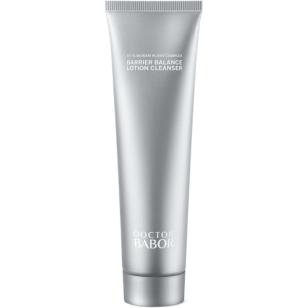 Silver tube of Barrier Balance Lotion Cleanser | Babor featuring sleek minimalist design, representing premium skincare product for gentle cleansing and maintaining skin balance.