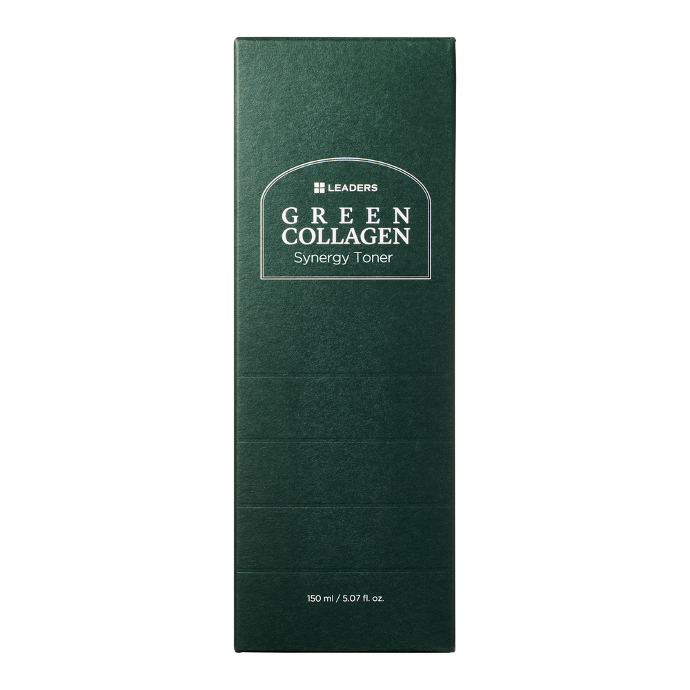 Bottle and green packaging of Green Collagen Synergy Toner | Leaders, a skincare product featuring vegan collagen and lactobacillus for deep hydration.