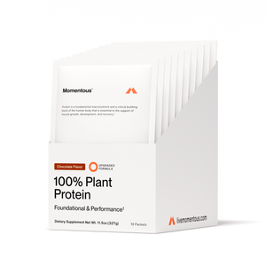 Box containing multiple 100% Plant Protein 10-Travel Packs in chocolate flavor, designed as a dietary supplement for foundational and performance nutrition.