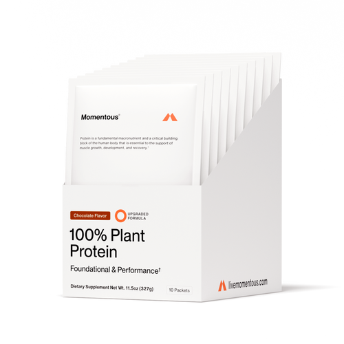 Box containing multiple 100% Plant Protein 10-Travel Packs in chocolate flavor, designed as a dietary supplement for foundational and performance nutrition.