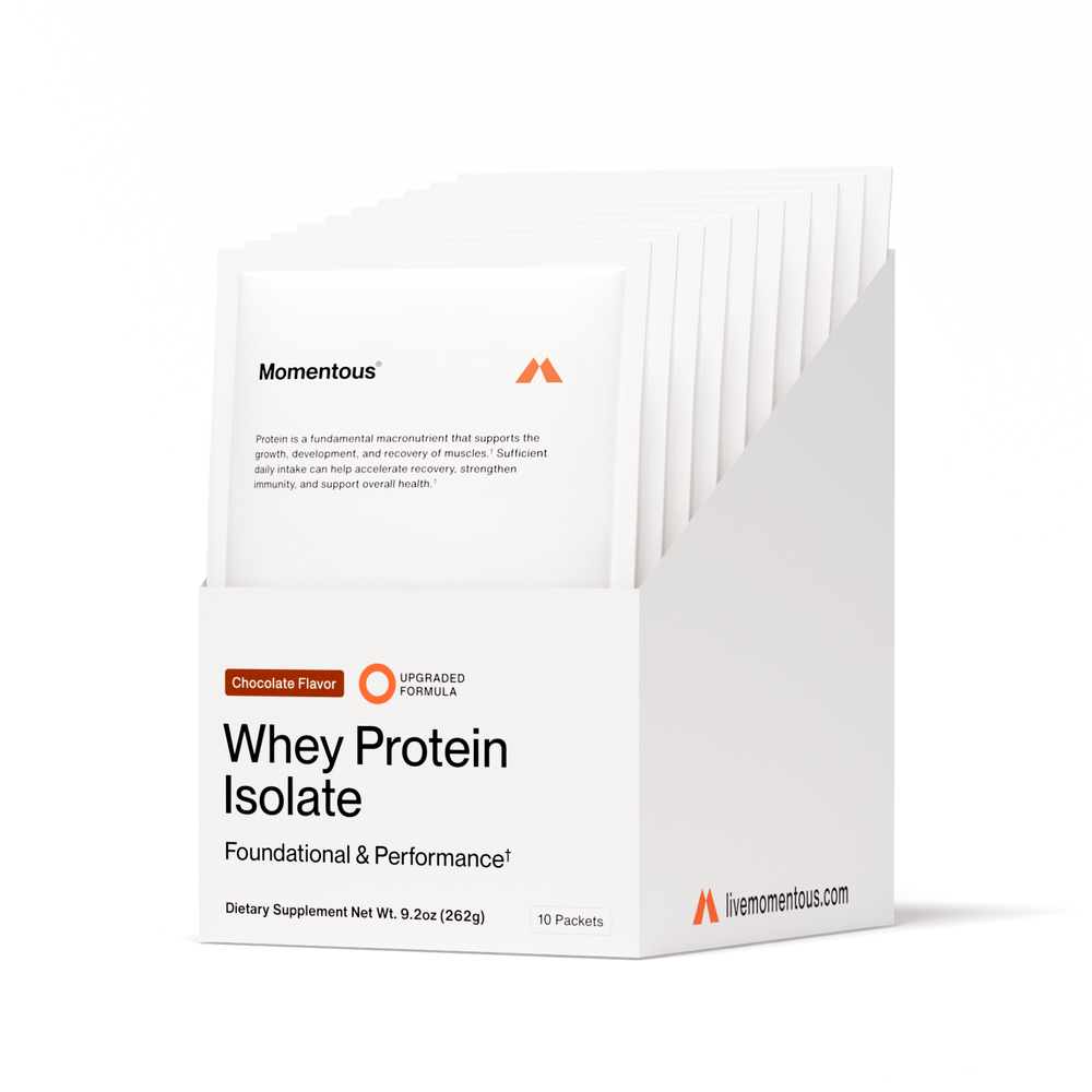 Box of Whey Protein Isolate 10-Travel Packs in chocolate flavor displayed with individual white packets, highlighting a dietary supplement for wellness and recovery.