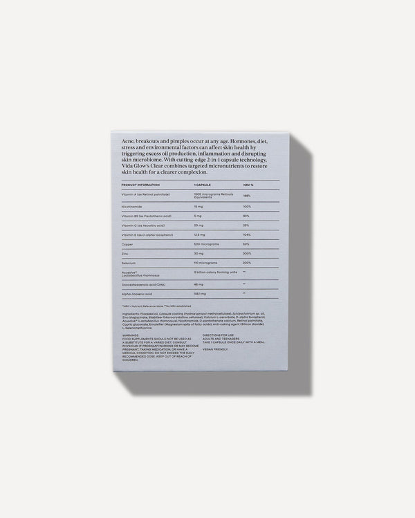 Back of Clear Capsules | VIDA GLOW packaging displaying nutritional information, ingredient details, and usage instructions for skincare and wellness supplementation.