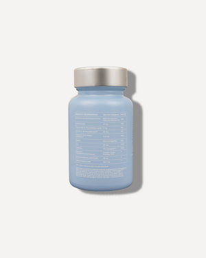 Back label of a blue bottle showing nutritional information for Clear Capsules | VIDA GLOW wellness supplements.