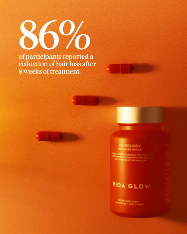 Hairology Capsules | VIDA GLOW bottle with four red capsules on an orange background and text highlighting 86% of participants experienced reduced hair loss after 8 weeks of use.