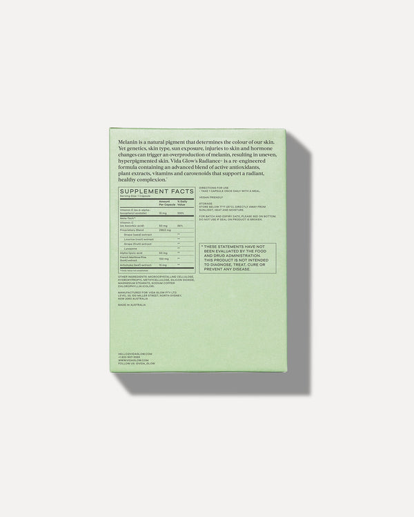 Back of Radiance+ Capsules | VIDA GLOW box showing supplement facts, ingredients, and product information on a light green background.