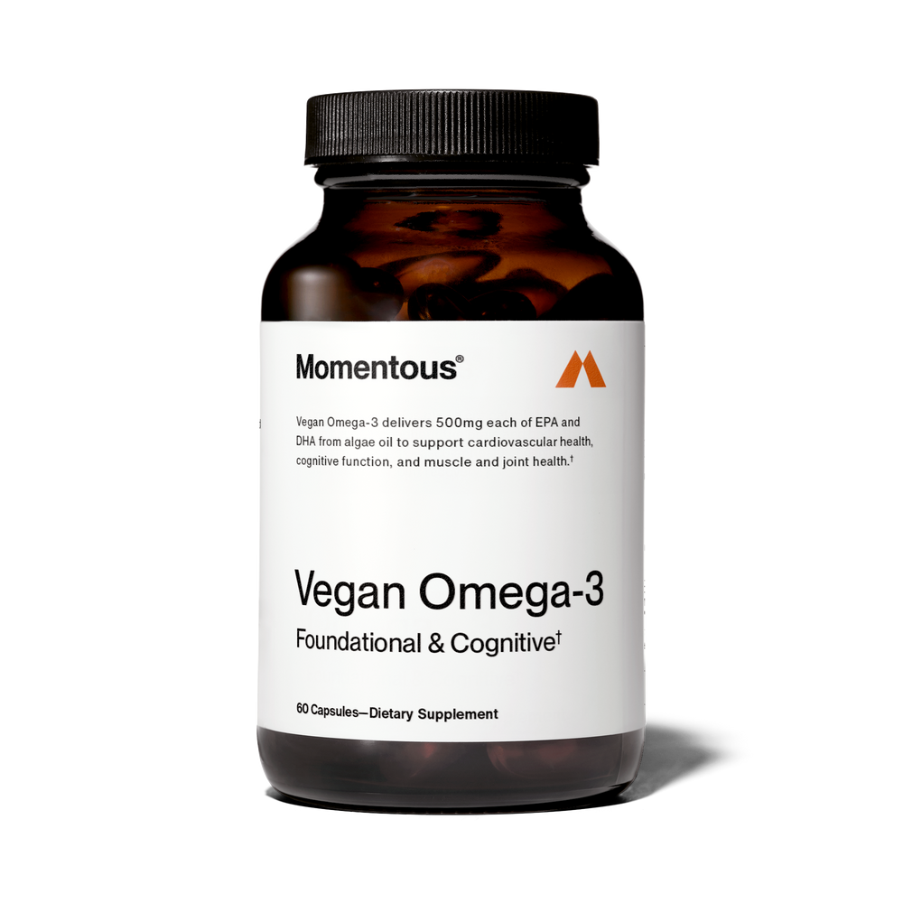 Bottle of Vegan Omega-3 dietary supplement capsules with text highlighting cardiovascular, cognitive, muscle, and joint support from algae oil EPA and DHA.