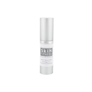 Bottle of Vital C Serum 20% w/ Ellagi-C & Resveratrol Concentrate | Skin Fitness Therapy skincare product with a sleek silver cap and white label against a white background.