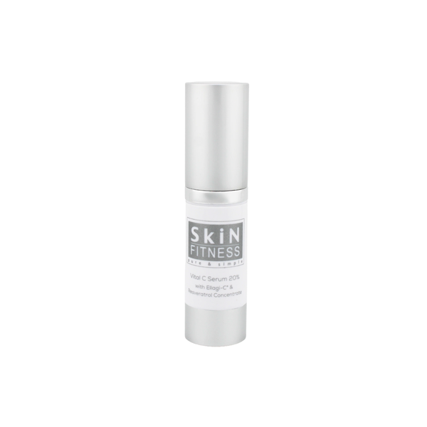 Bottle of Vital C Serum 20% w/ Ellagi-C & Resveratrol Concentrate | Skin Fitness Therapy skincare product with a sleek silver cap and white label against a white background.