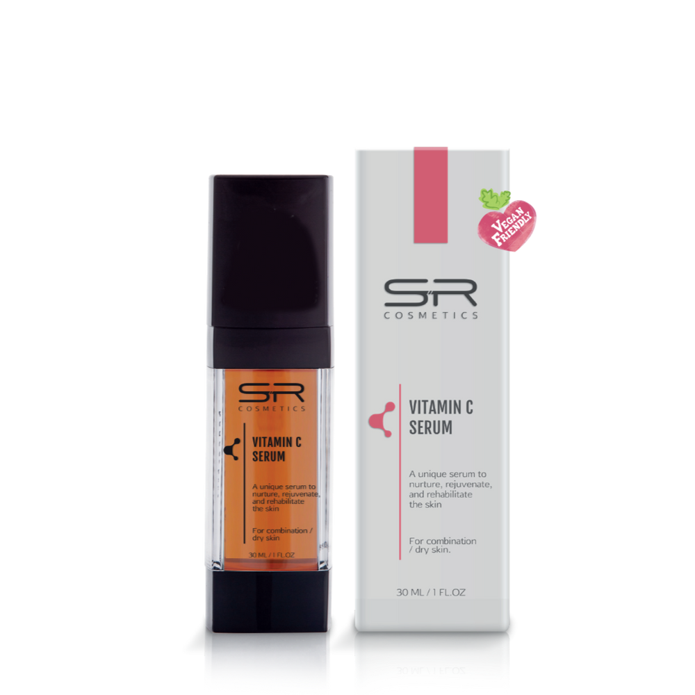 Bottle and packaging of Vitamin C Serum | SR Cosmetics, designed for combination and dry skin, featuring a vegan-friendly skincare product to nurture and rejuvenate the skin.