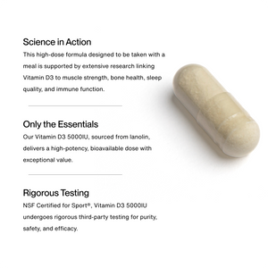 Clear capsule containing powder next to text highlighting Vitamin D3 5000 IU benefits including muscle strength, bone health, sleep quality, immune function, high potency, and rigorous third-party testing.