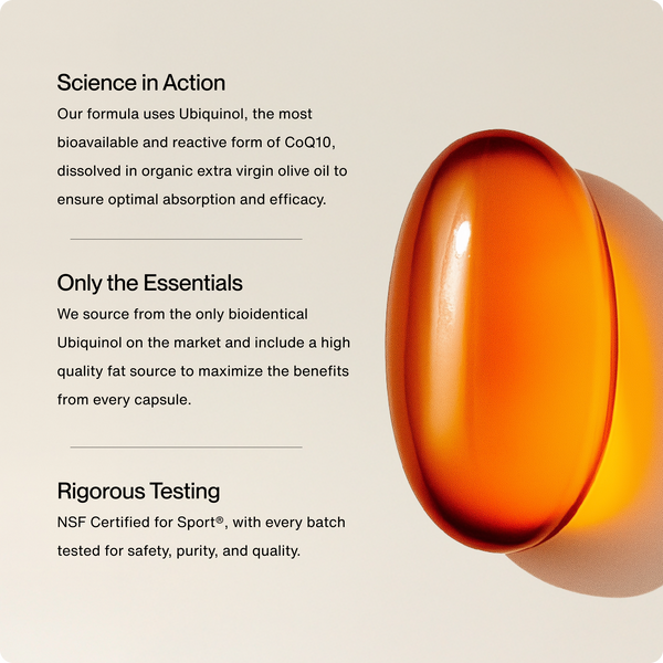 Close-up of a translucent amber Ubiquinol supplement capsule highlighting its bioavailable CoQ10 formula dissolved in organic extra virgin olive oil for optimal absorption and efficacy.