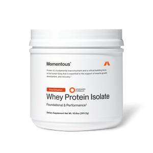 White container of Whey Protein Isolate - Flavor Series in pure cinnamon flavor, a dietary supplement designed for muscle growth and recovery.